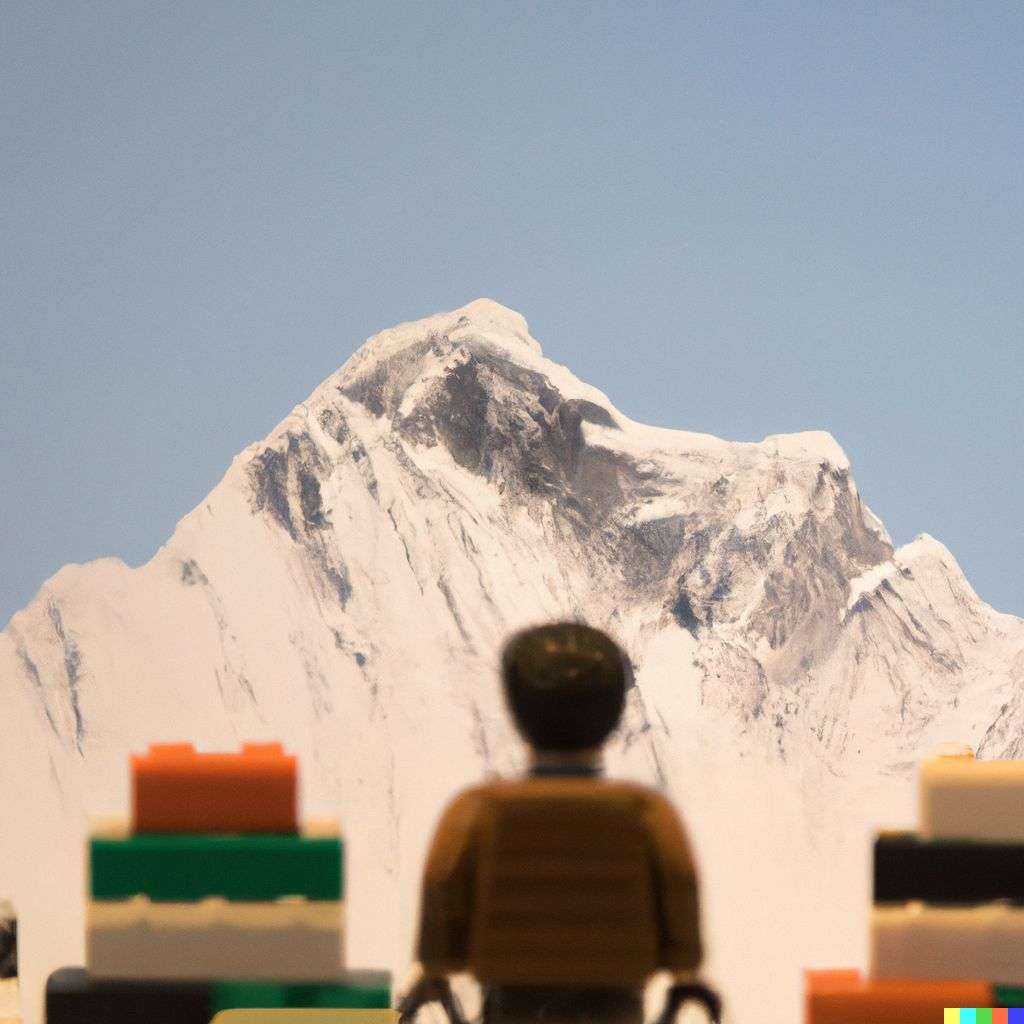 someone gazing at Mount Everest, made from LEGO bricks